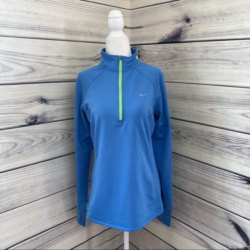Nike Dri Fit Blue & Neon Green Quarter Zip Athletic Running Jacket Size Medium